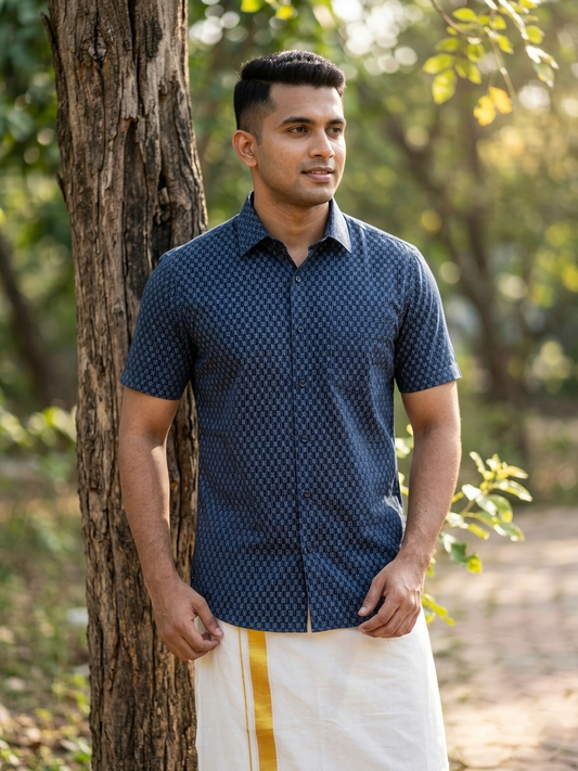 Pure Cotton Dark Blue Printed Shirt SLSHIRT 48 HS