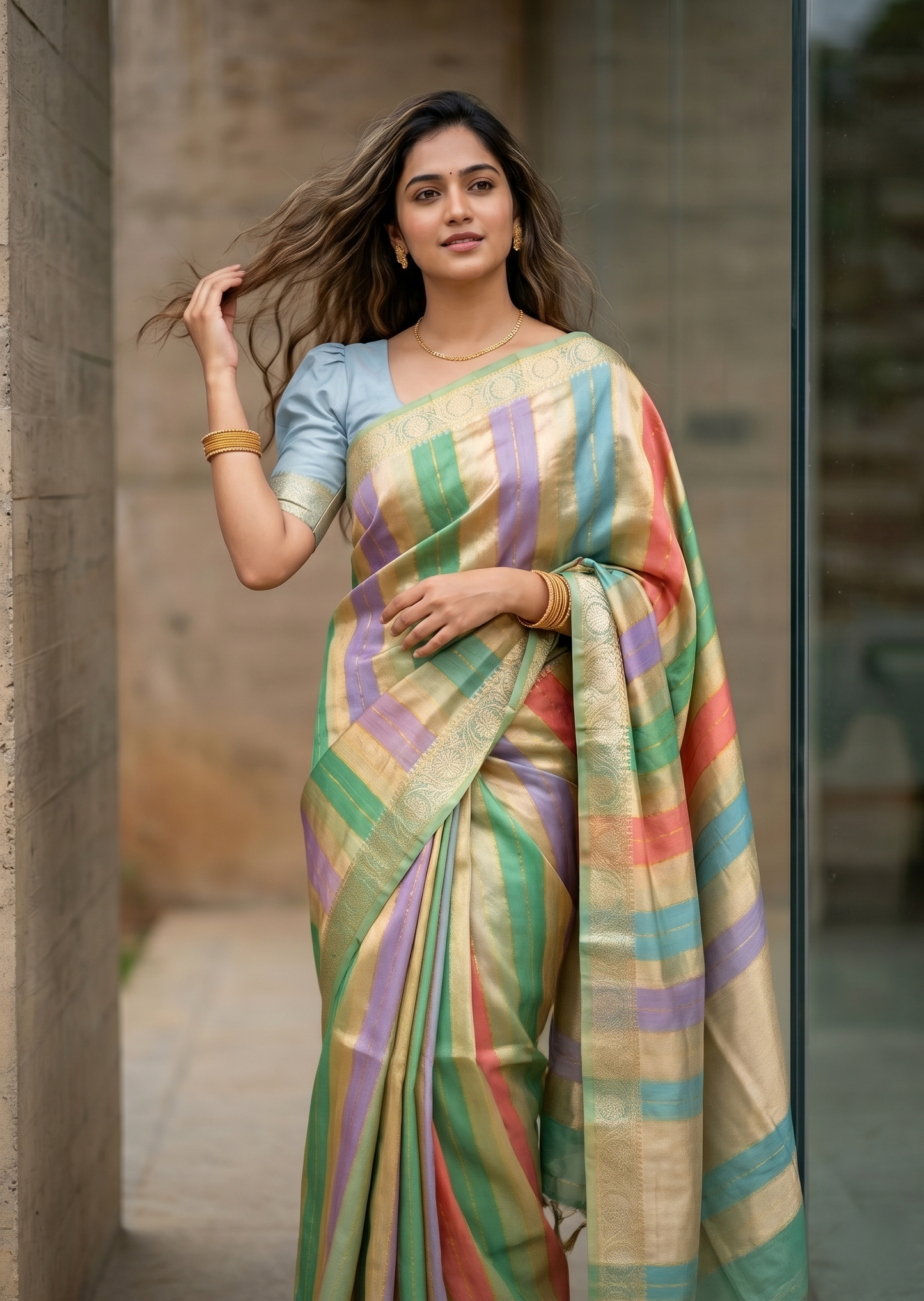 Southloom Tissue Organza Saree With Stripes Design in Multicolour SL353