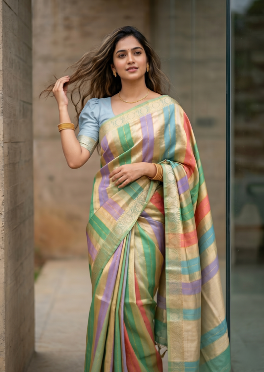 Southloom Tissue Organza Saree With Stripes Design in Multicolour SL353