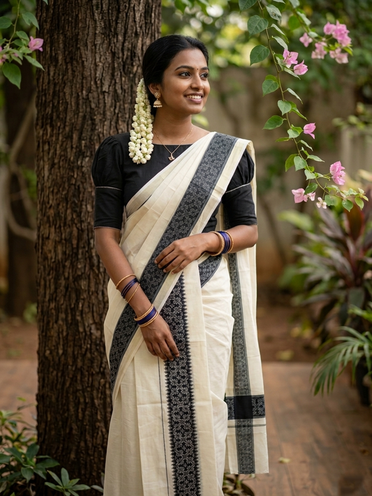 Kerala Cotton Single Set Mundu (Mundum Neriyathum) with Black  Temple Block printed  Border 2.80 mtr