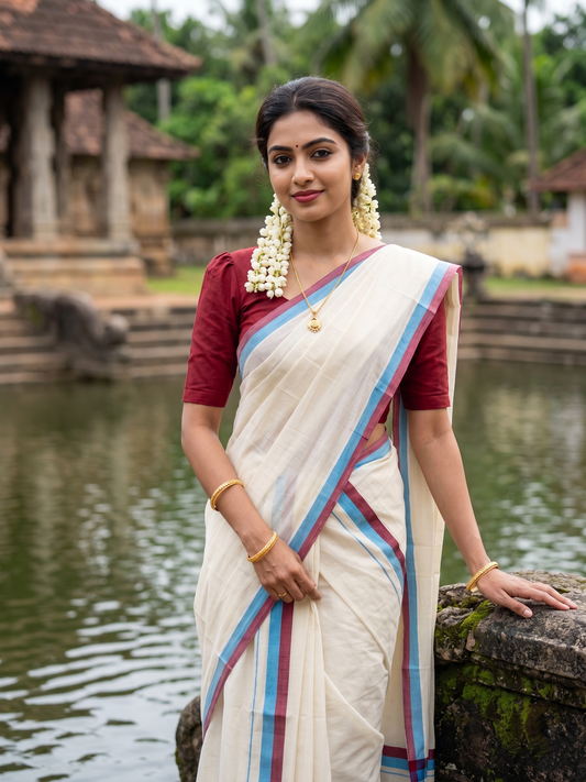 Southloom Pure Cotton Kerala Single Mulloth Set Mundu (Mundum Neriyathum) Maroon And Blue Border in 2.80 mtrs SL243