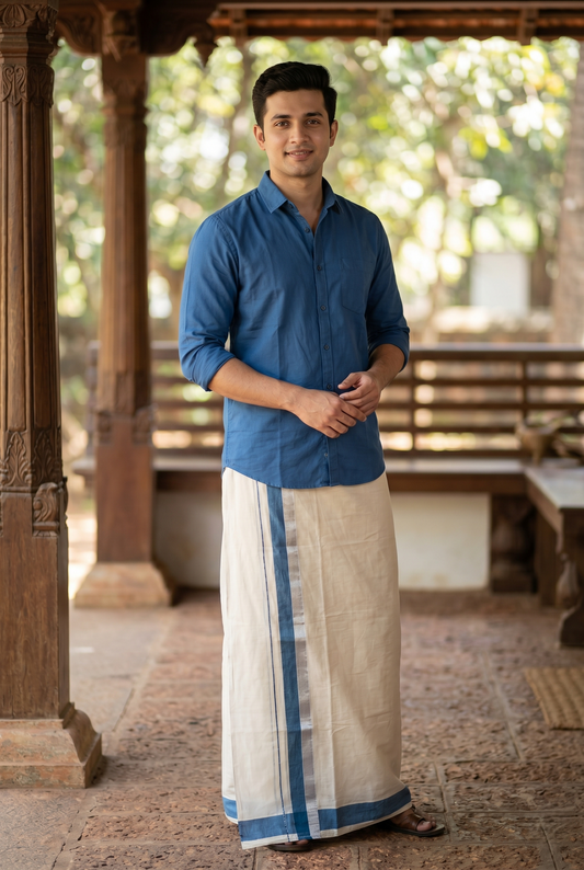 Southloom Kerala Pure Cotton Double Mundu with Blue And Silver Border (South Indian Dhoti)