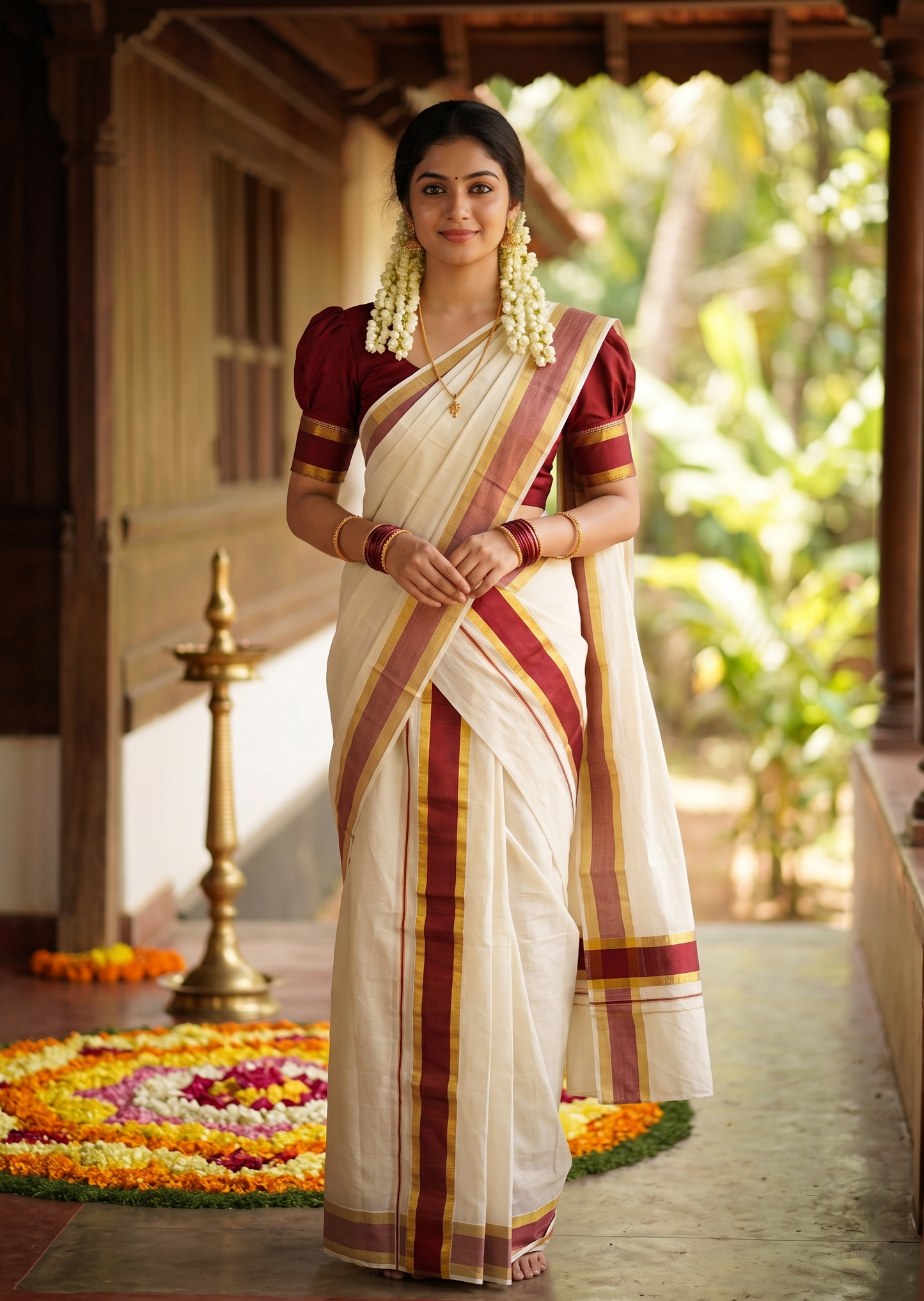 Southloom Pure Cotton Kerala Onam 2023 Set Mundu (Mundum Neriyathum) Single with Maroon and Kasavu Border 2.80 Mtrs SLKK
