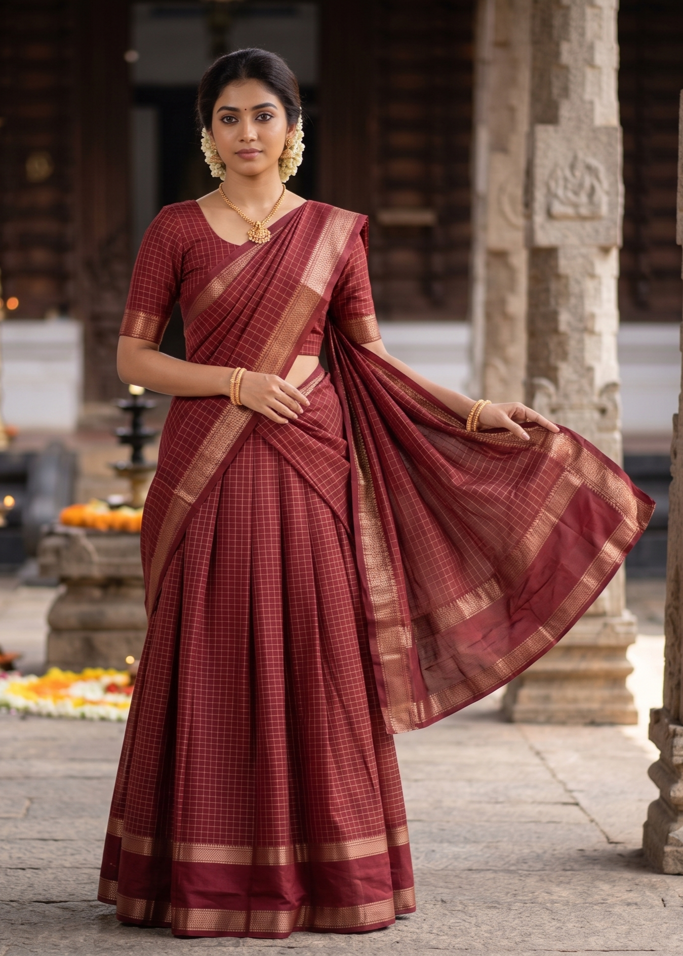 Kerala Southloom Semi UnStitched Dhavani Set with Pavada and Blouse  Piece In Maroon SL585