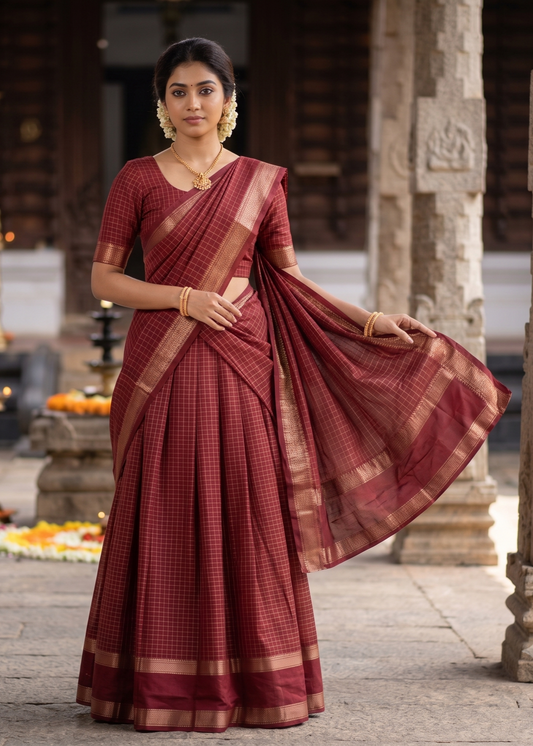 Kerala Southloom Semi UnStitched Dhavani Set with Pavada and Blouse Piece In Maroon SL585