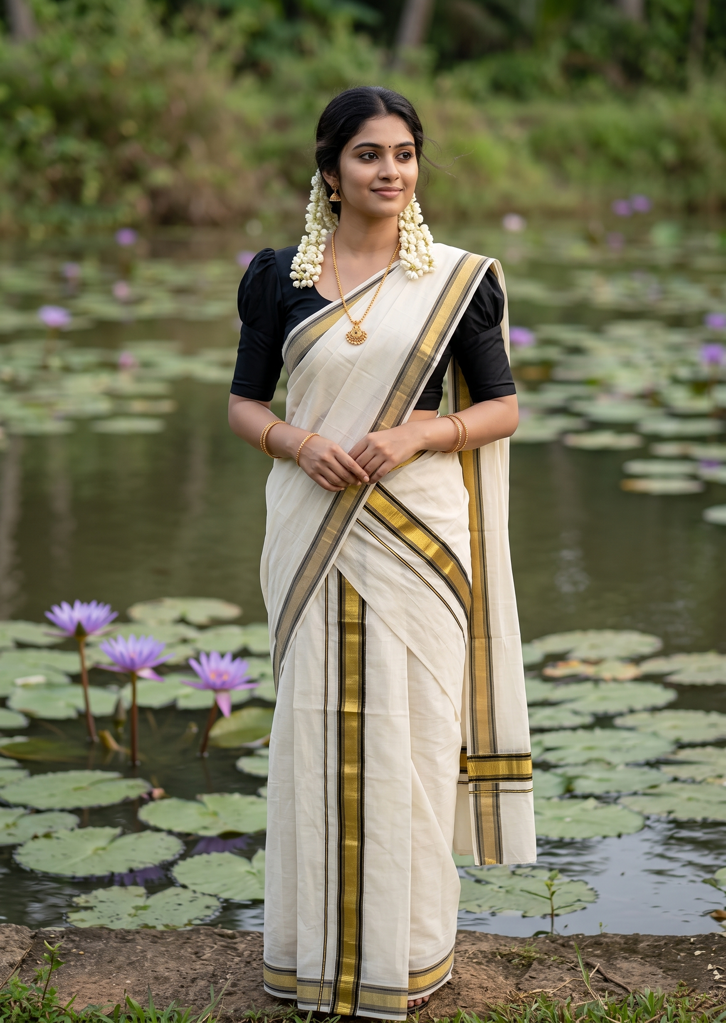 Kerala Cotton Set Mundu (Mundum Neriyathum) with Kasavu and Black Border 2.80 Mtrs SLKK SL470