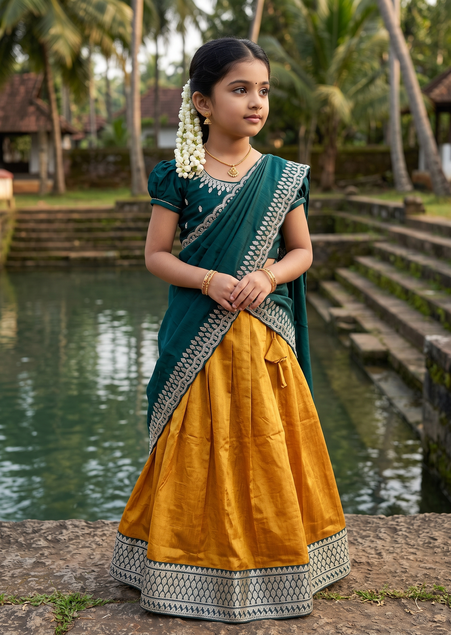 Southloom Georgette Kids Dhavani Set in Mustard Yellow and Green SLKDHAVANI
