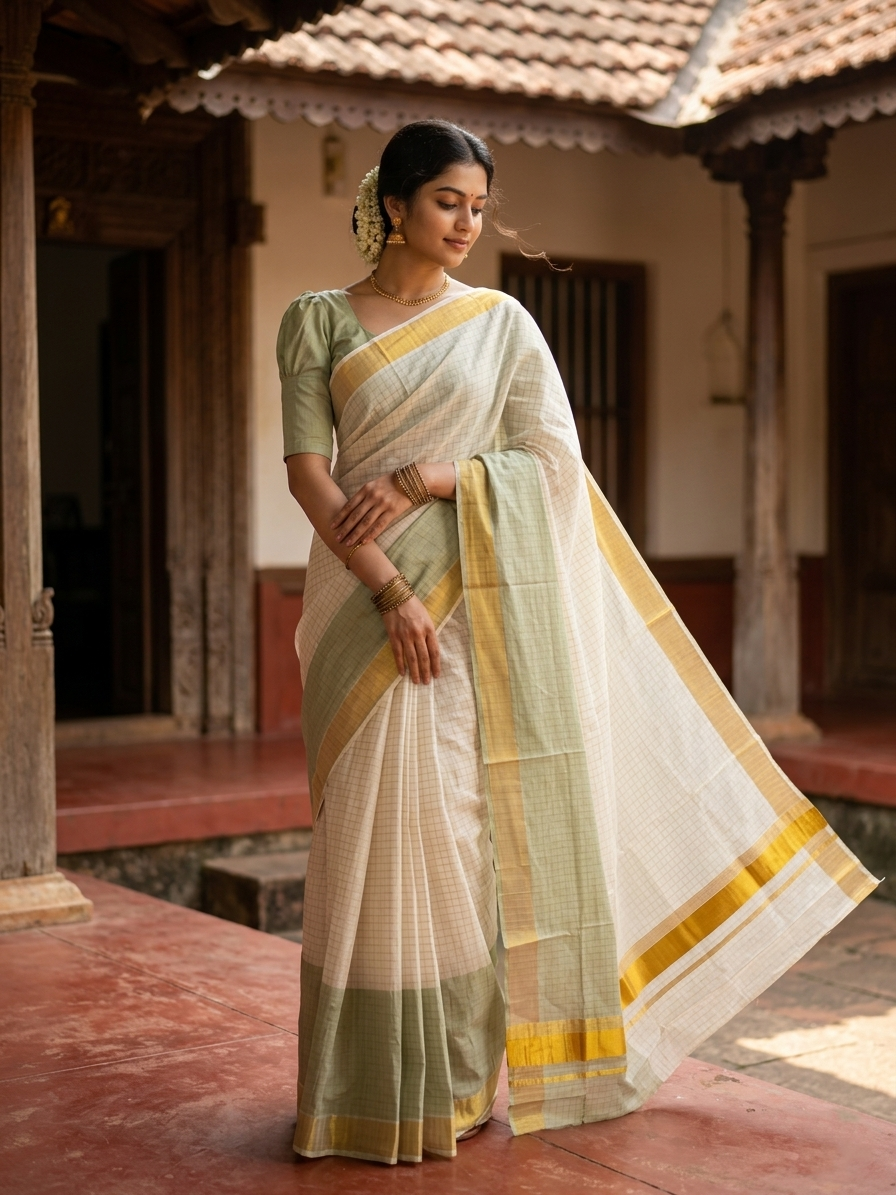 Southloom Cotton Tie & Dye - Half & Half Green Design Saree with Kasavu Checks Across Body SL264