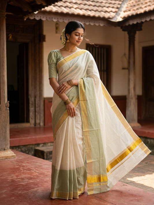 Southloom Cotton Tie & Dye - Half & Half Green Design Saree with Kasavu Checks Across Body SL264