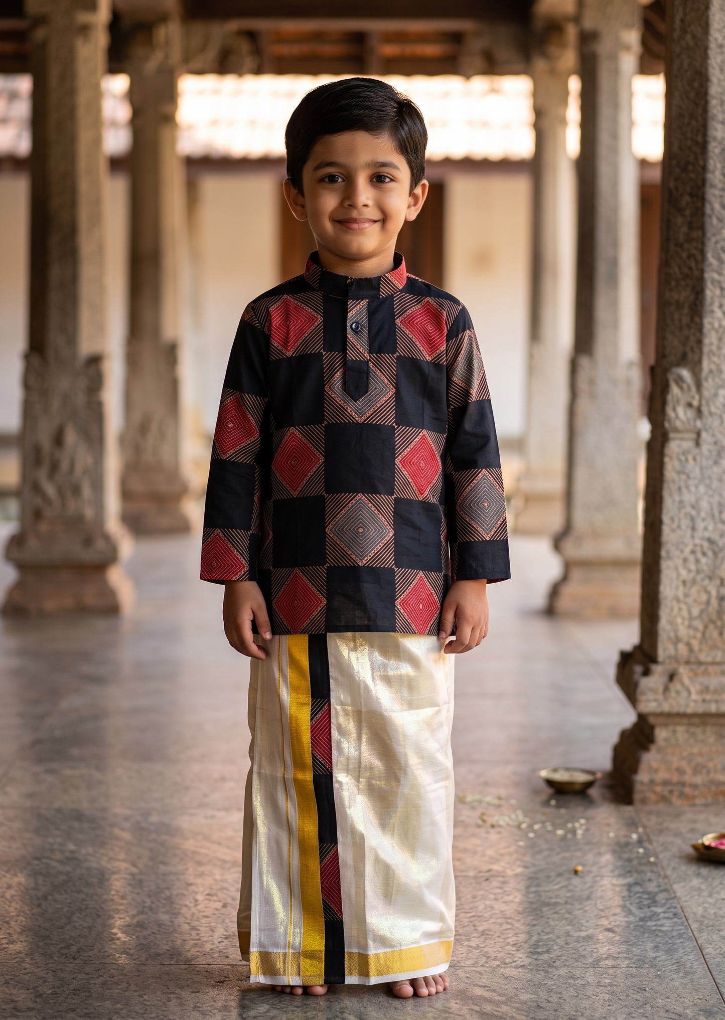 Southloom Tissue Ajrakh Printed Kids's Combo (Kurta + Velcro Mundu)