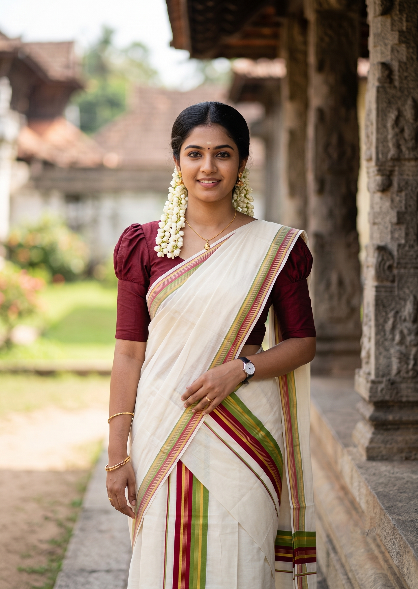 Southloom Kerala Cotton Kasavu Single Set Mundu (Mundum Neriyathum) with Maroon and  Olive Green Border SLKK SL518