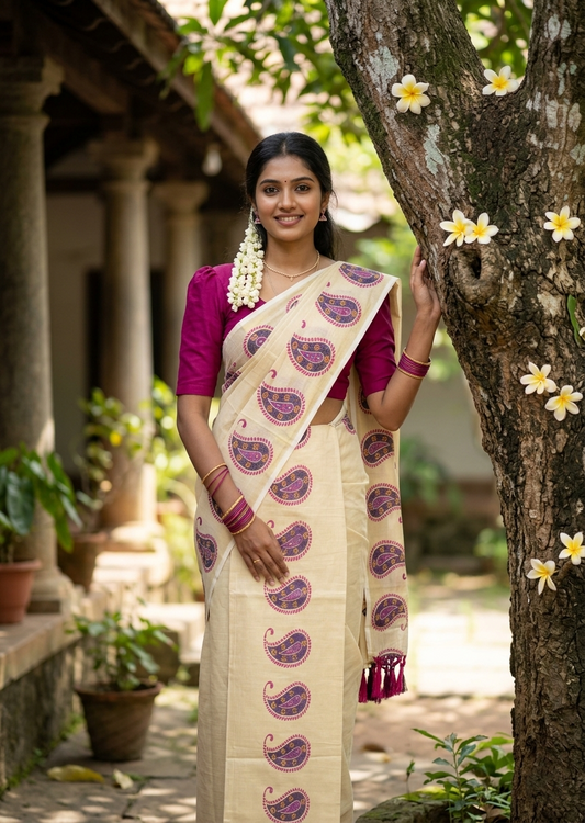 Southloom Tissue Single Set Mundu (Mundu Neriyathum) With Digital Floral Print in Purple and Magenta 2.80 Mtrs SL397
