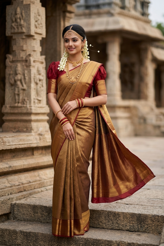 Southloom Banarasi  Silk Brocade Bridal Saree WIth Woven Borders And Blouse Piece in Gold and Green
