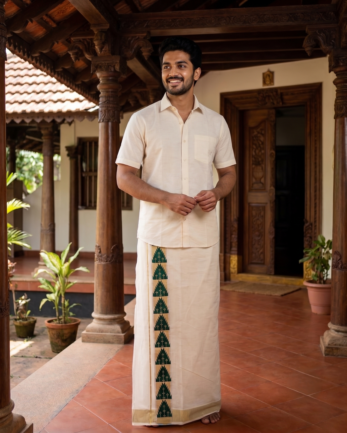 southloom Pure Cotton Double Mundu with Block Prints on Green Border (South Indian Dhoti)SL613