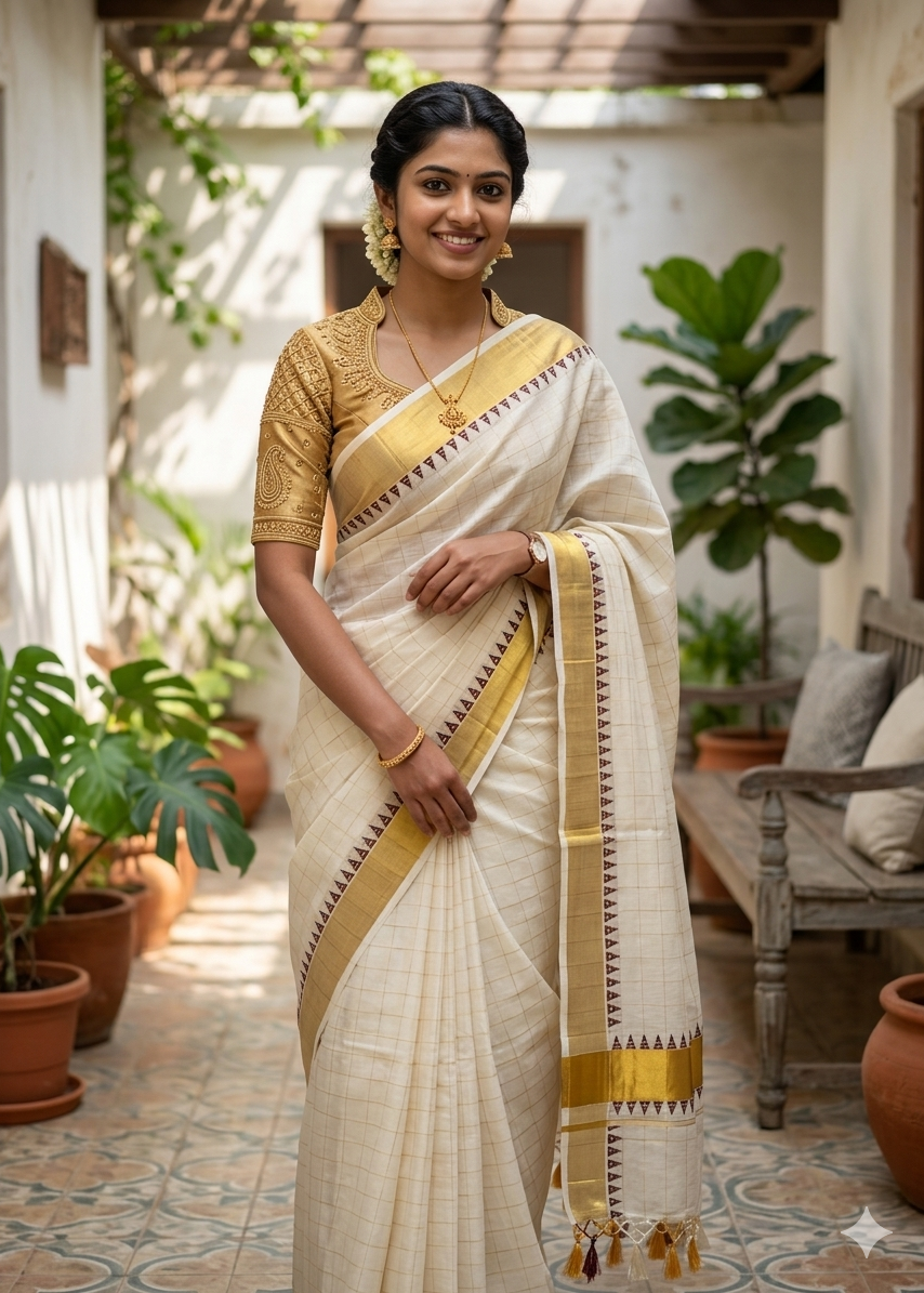 Kerala Cotton Check Saree With Tassels SL179