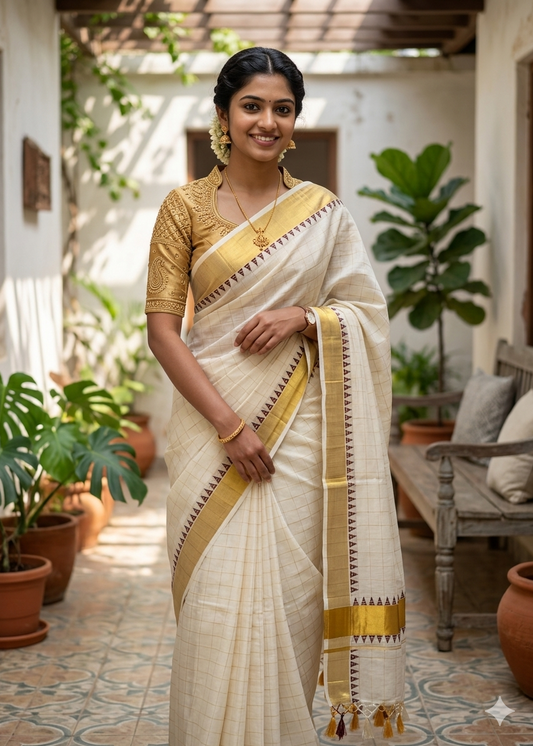 Kerala Cotton Check Saree With Tassels SL179