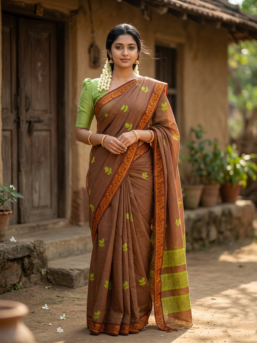 Southloom Kerala Cotton Saree with Floral Woven Works Across Body in Brown