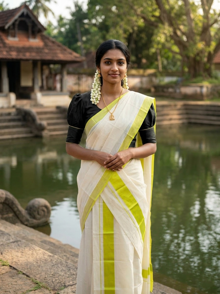 Southloom Pure Cotton Kerala Single Mulloth Set Mundu (Mundum Neriyathum) Green Border in 2.50 mtrs SL243