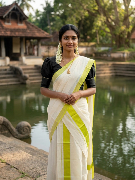 Southloom Pure Cotton Kerala Single Mulloth Set Mundu (Mundum Neriyathum) Green Border in 2.50 mtrs SL243