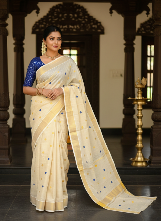 Southloom Kerala Tissue Kasavu Saree with Gold & Blue Polka Embroidery Works on Body