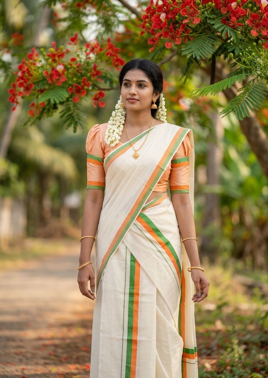 Southloom Pure Cotton Kerala Single Mulloth Set Mundu (Mundum Neriyathum) Green And Orange Border in 2.80 mtrs SL243