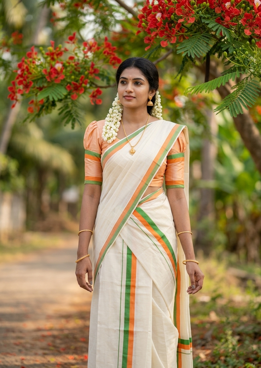 Southloom Pure Cotton Kerala Single Mulloth Set Mundu (Mundum Neriyathum) Green And Orange Border in 2.80 mtrs SL243