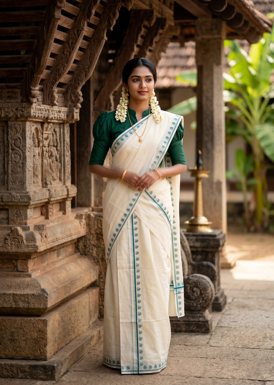 Southloom Pure Cotton Kerala Single Set Mundu (Mundum Neriyathum) with Digital Prints in Green 2.80 Mtrs SL359