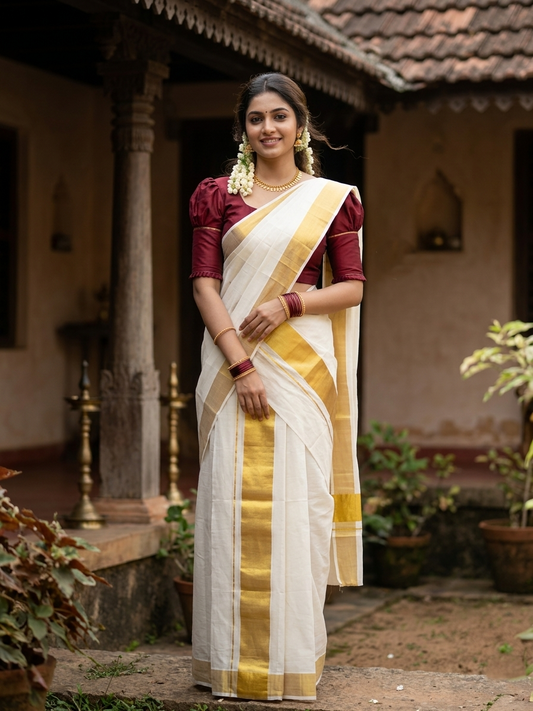 Southloom Pure Cotton Mundum Neriyathum (Set Mundu) with Gold Kasavu in 3 Inch Boarder 2.80 Mtrs