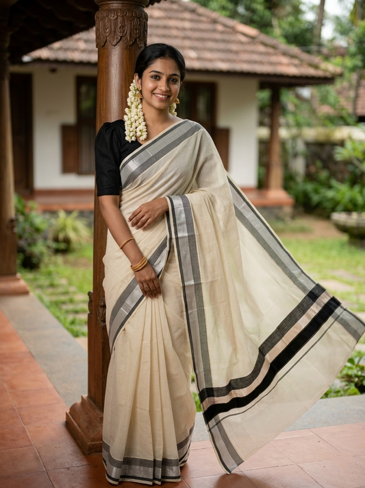 Kerala Pure Cotton Plain Saree with Silver Kasavu and Black Border