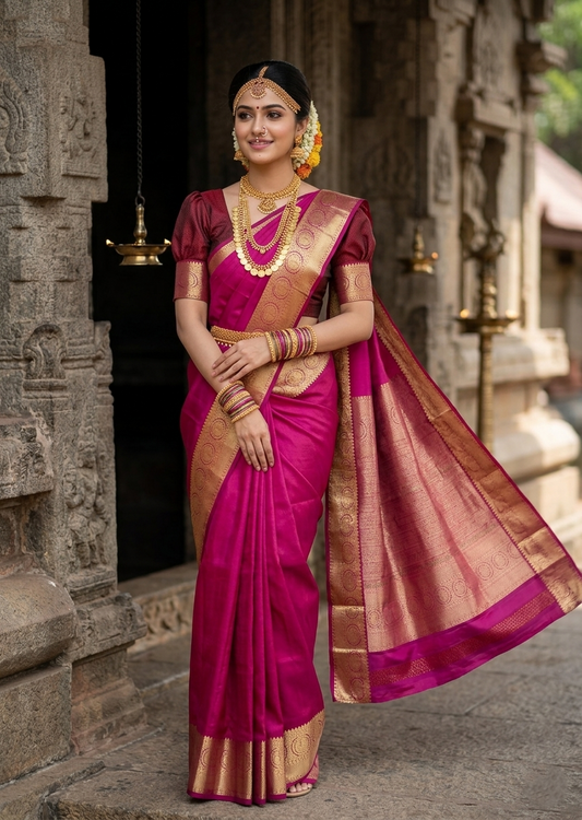 Southloom Pure Handloom Bridal Kanchipuram Silk Saree with Korvai Work (Magenta)