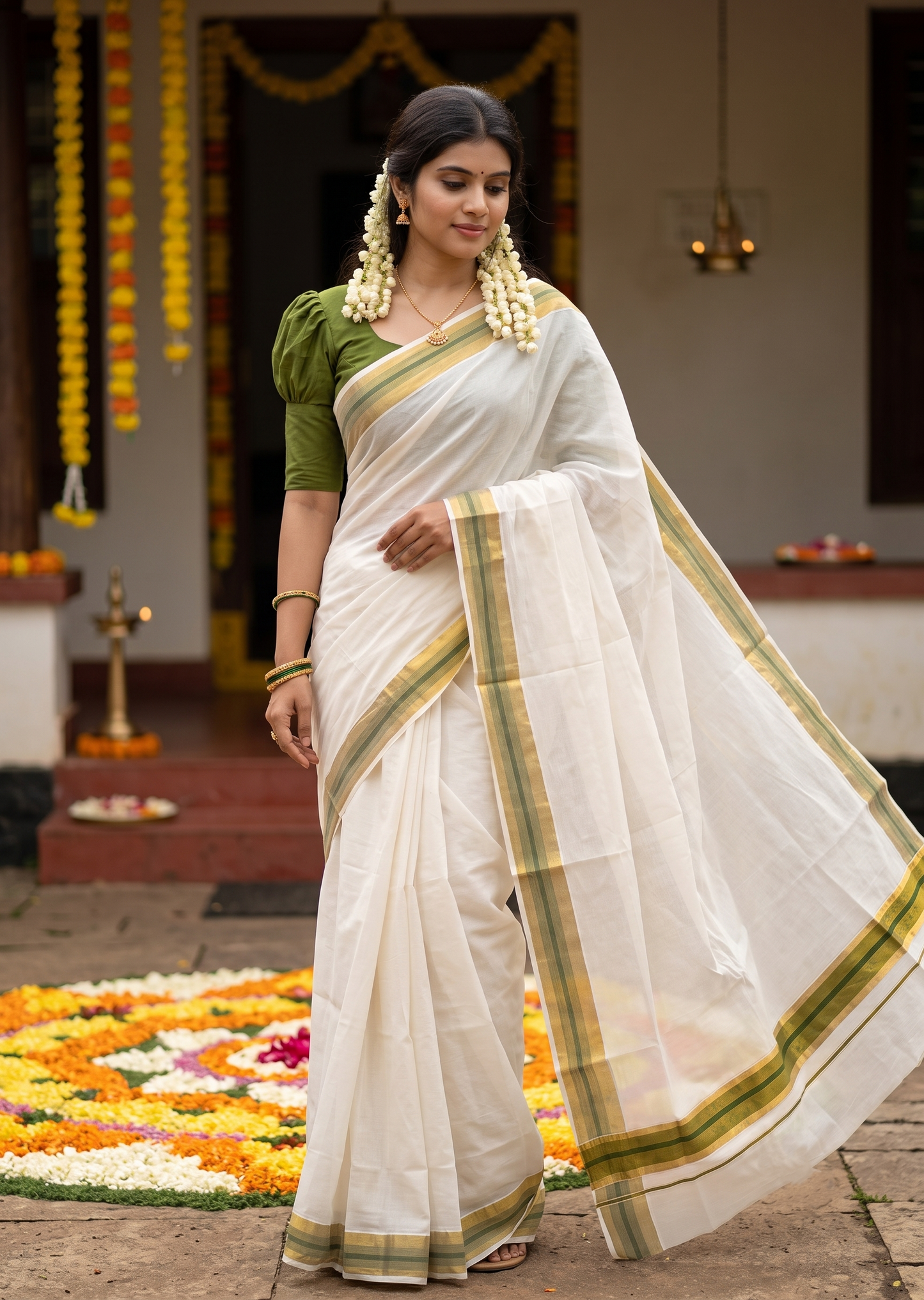 Southloom Pure Cotton Kerala Saree with Kasavu and Olive Green Border