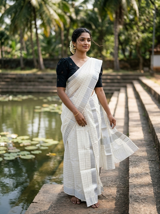 Kerala Cotton Set Mundu (Mundum Neriyathum) with Silver Kasavu Check on Body 2.80 Mtrs