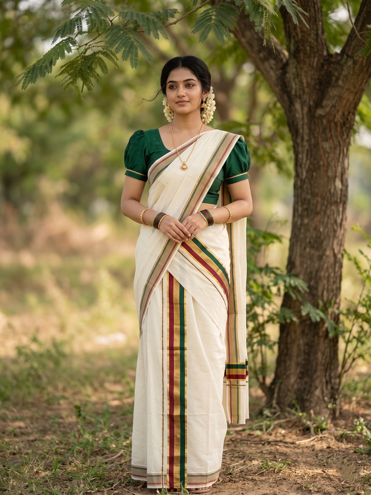 Southloom Kerala Cotton Kasavu Single Set Mundu (Mundum Neriyathum) with Green and Maroon Kasavu Border SLKK