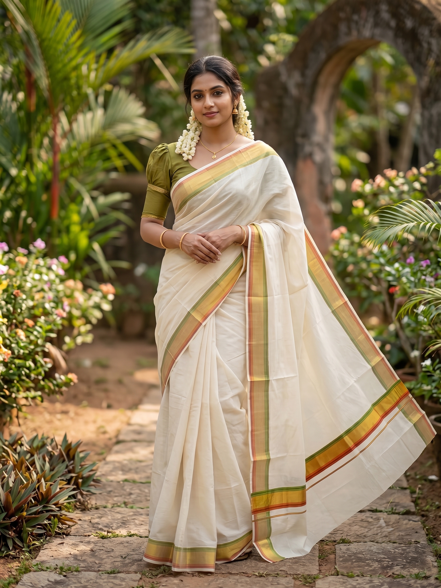 Southloom Kerala Cotton Kasavu Saree with Olive Green And Orange Border