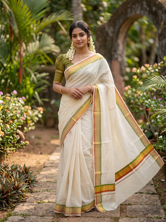 Southloom Kerala Cotton Kasavu Saree with Olive Green And Orange Border
