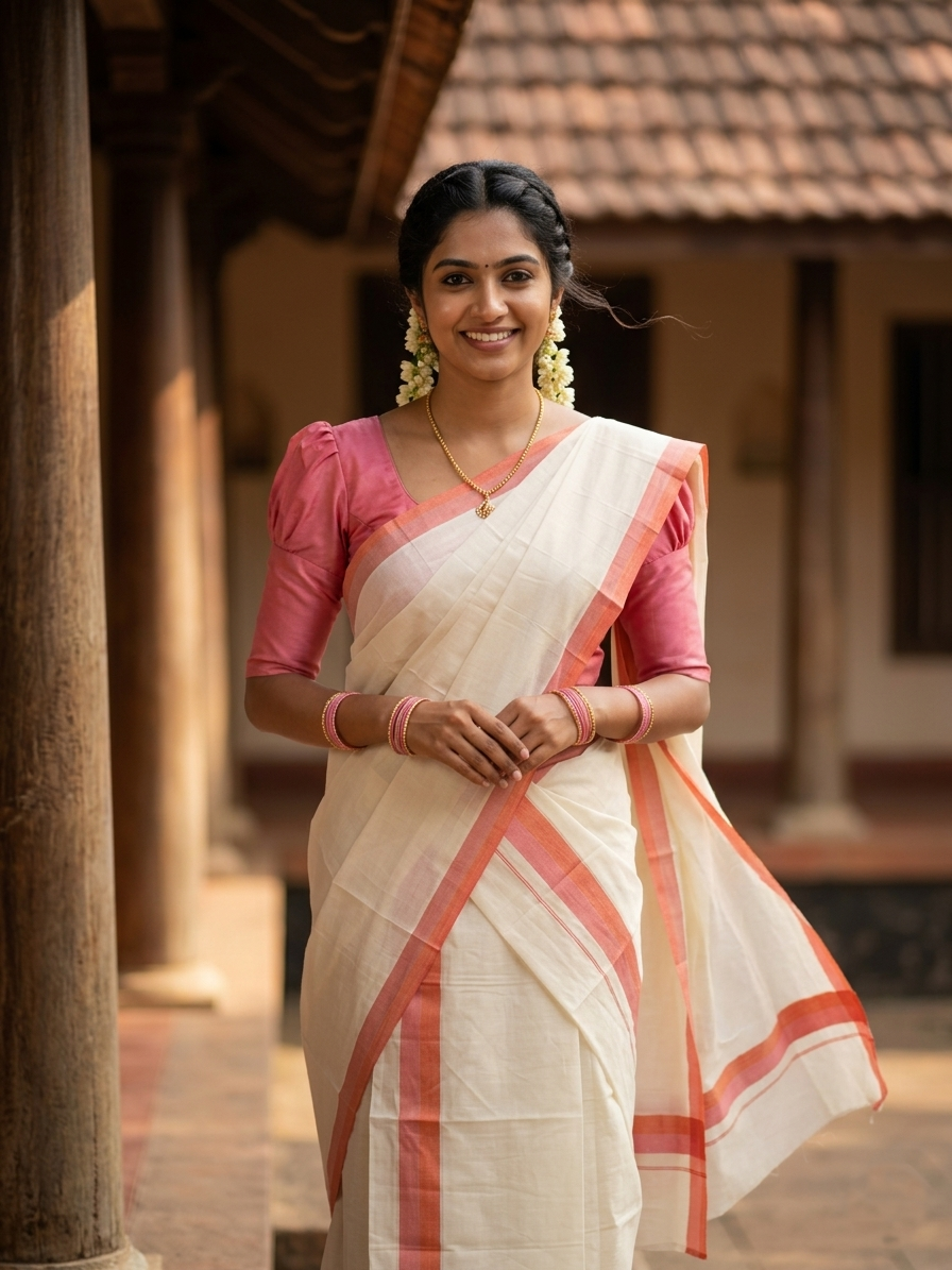 Southloom Pure Cotton Kerala Single Mulloth Set Mundu (Mundum Neriyathum) Peach And Orange Border in 2.80 mtrs SL243