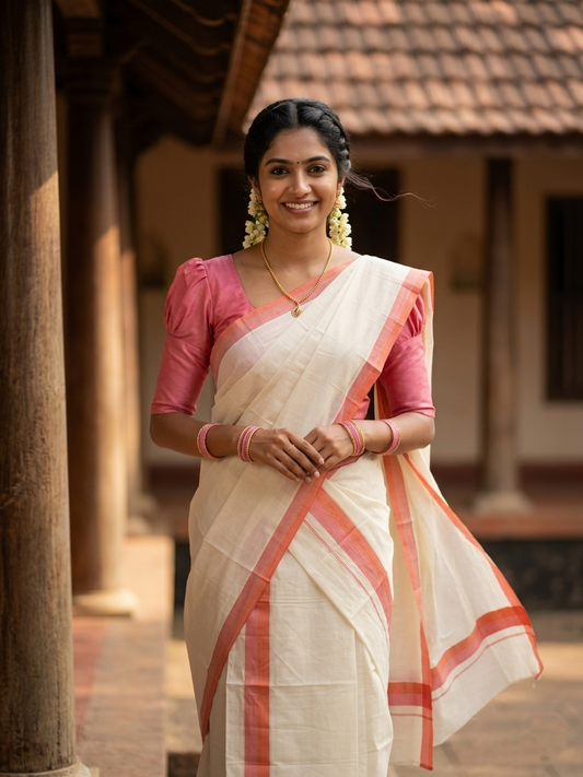Southloom Pure Cotton Kerala Single Mulloth Set Mundu (Mundum Neriyathum) Peach And Orange Border in 2.80 mtrs SL243
