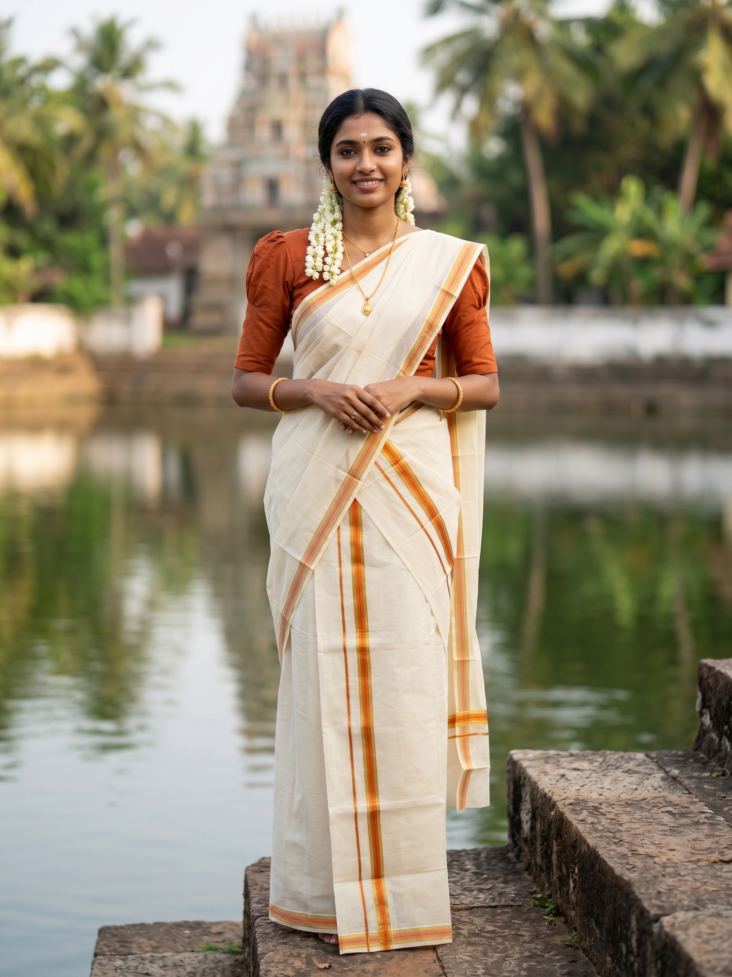 Southloom Pure Cotton Kerala Single Set Mundu (Mundum Neriyathum) with Dark Orange and Kasavu Border 2.80 Mtrs SLKK SL523