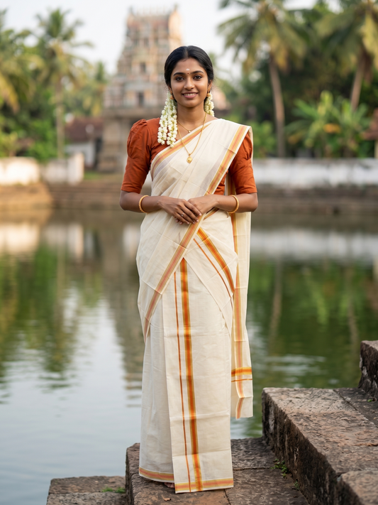 Southloom Pure Cotton Kerala Single Set Mundu (Mundum Neriyathum) with Dark Orange and Kasavu Border 2.80 Mtrs SLKK SL523