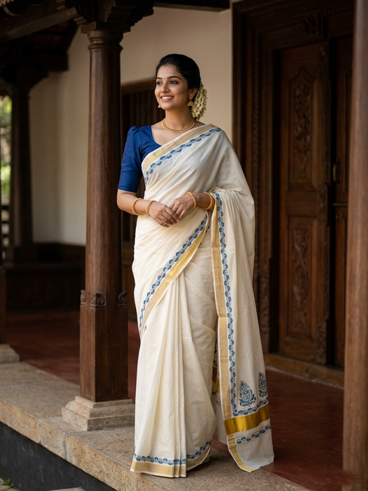 Southloom Cotton Kerala Kasavu Saree with Blue and Black Block Prints On Border