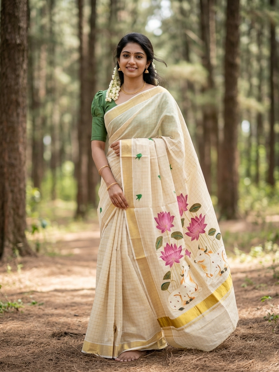 Southloom Tissue Kerala Kasavu Saree with Check Hand Painted Embroidery Nandi and Lotus Design