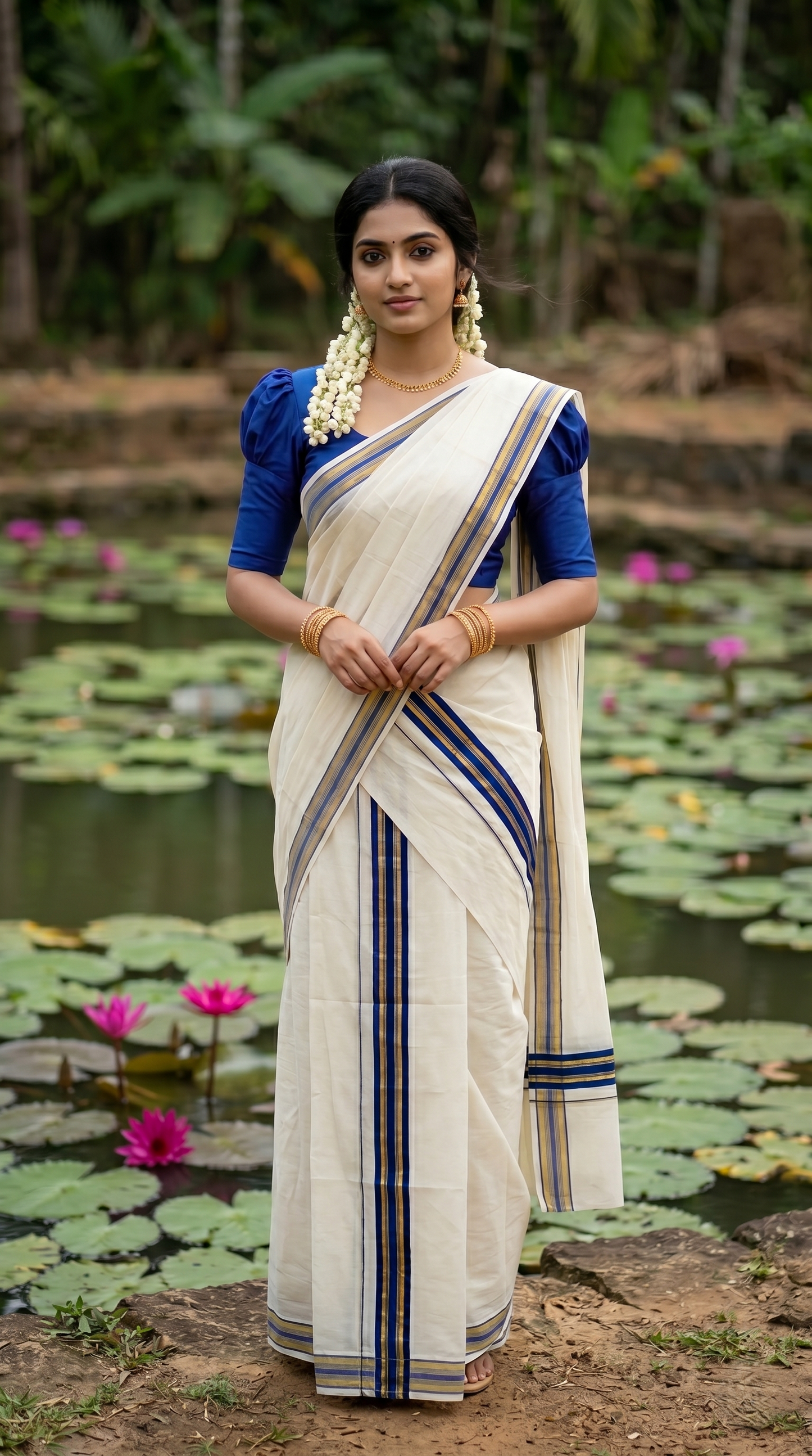Southloom Kerala Cotton Single Set Mundu (Mundum Neriyathum) with Kasavu and  Green Border in 2.80 Mtrs SLKK SL470