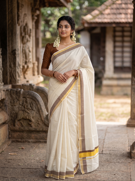 Southloom Pure Cotton Kerala Kasavu Lines Design Saree with Brown Border