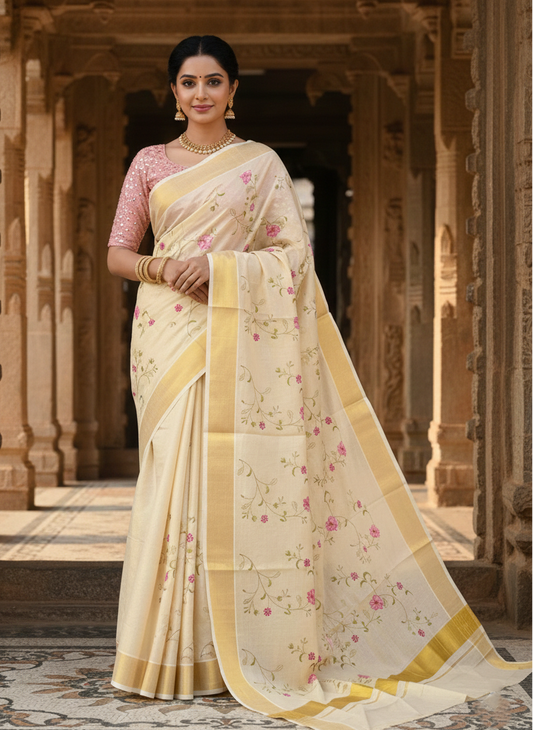 Southloom Kerala Tissue Kasavu Saree with Floral Print on Body and Border