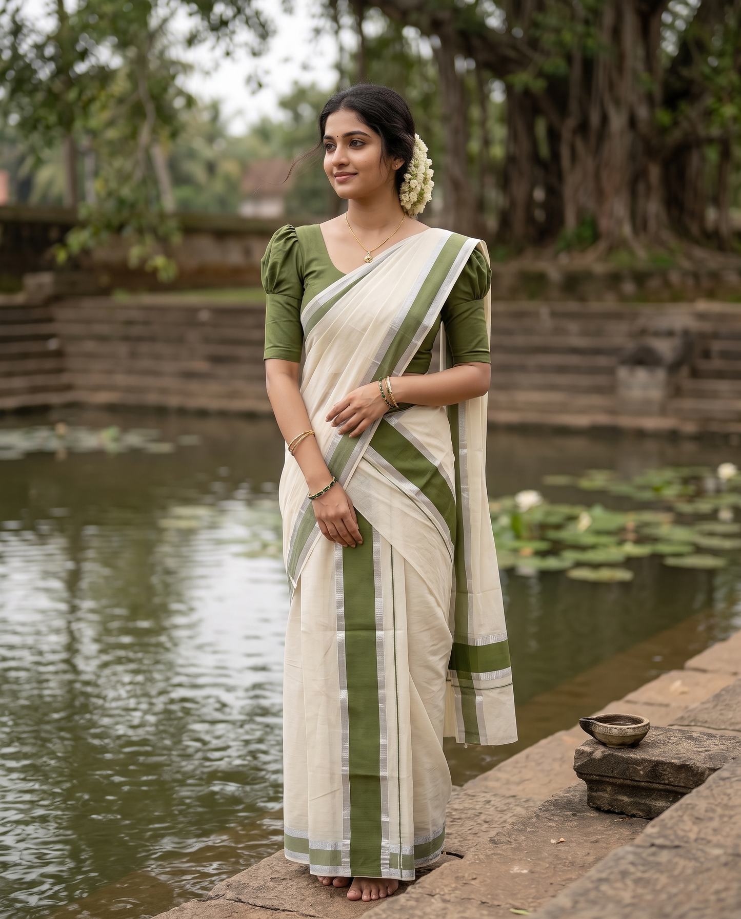 Kerala Cotton Mundum Neriyathum Single (Set Mundu) with Olive Green and Silver Kasavu Border 2.80 Mtrs   SLKK SL470