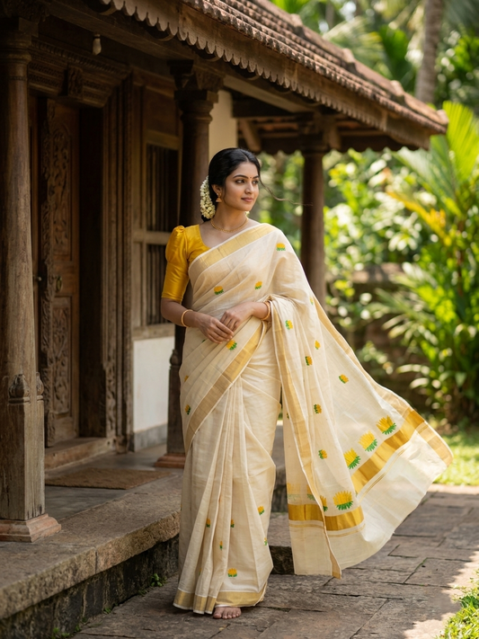 Southloom Tissue Kerala Kasavu Lines Saree with Lotus Embroidery Design in Yellow