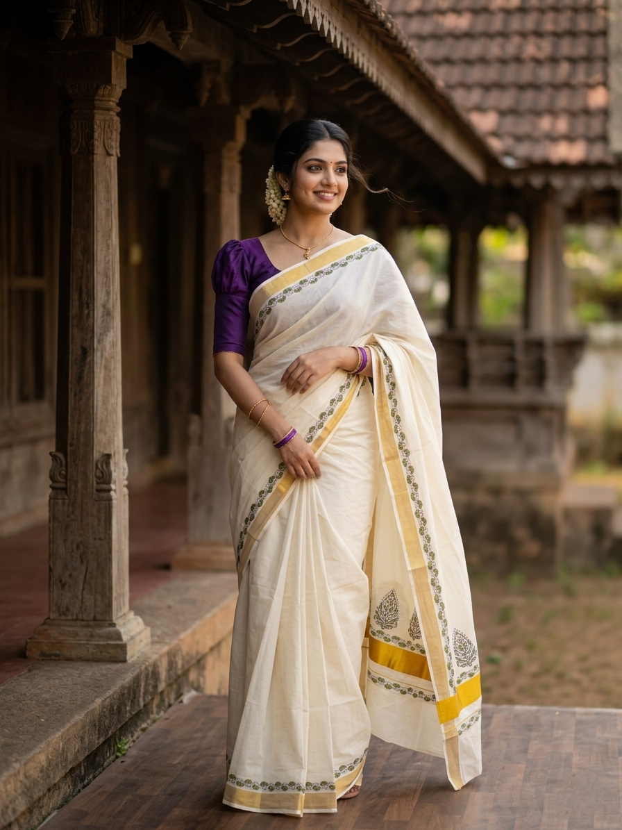 Southloom Cotton Kerala Kasavu Saree with Olive Green and Violet Block Prints On Border