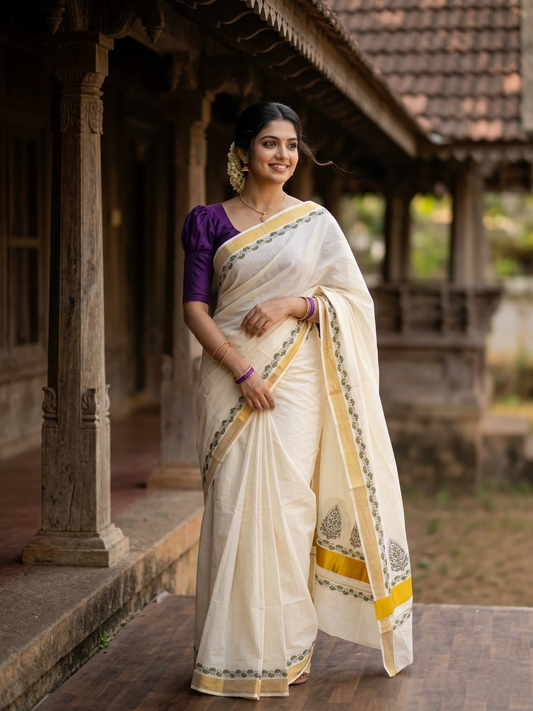 Southloom Cotton Kerala Kasavu Saree with Olive Green and Violet Block Prints On Border
