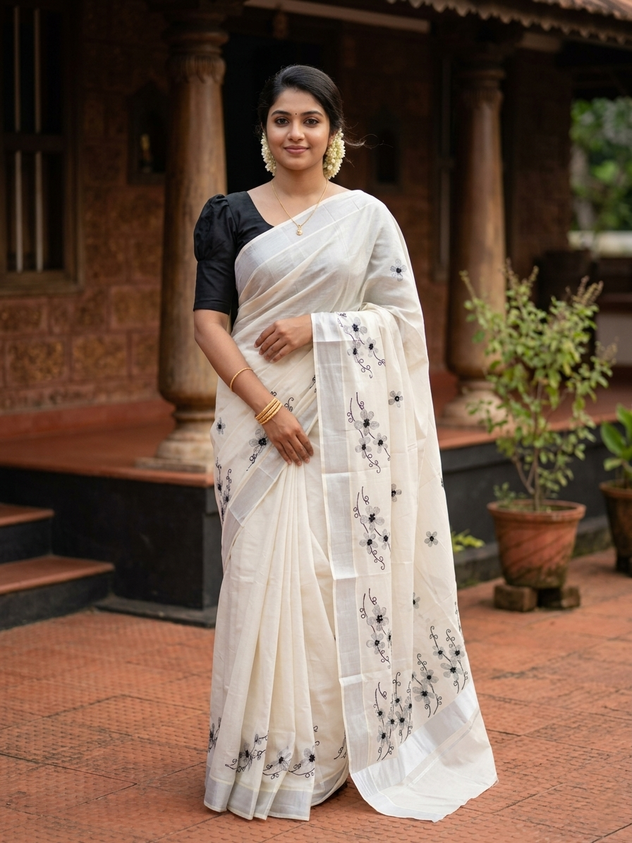 Southloom Kerala Tissue Silver Kasavu Saree with Grey Floral Embroidery on Body and Border