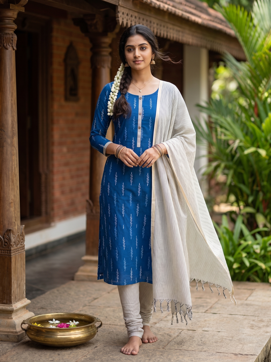 Southloom™ Cotton 3 Piece Blue Salwar Material with Woven Work